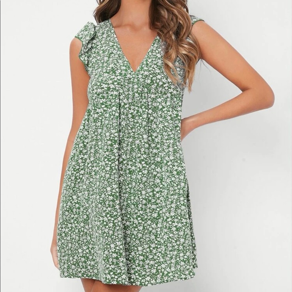 SHEIN Green Floral V-Neck Mini Dress